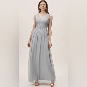 NWT BHLDN Anthro L Kia Sleeveless Maxi Bridesmaid Dress Fog Chiffon V Neck Ruche